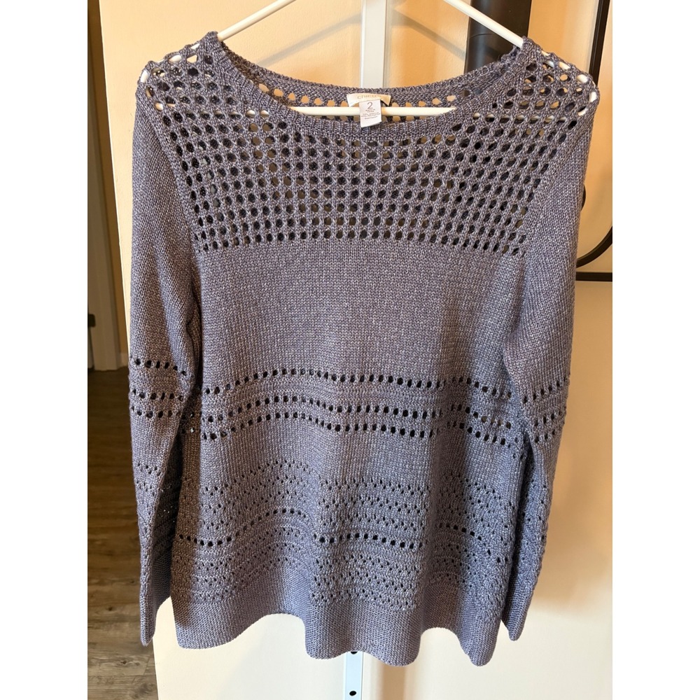 Chicos Womens Size 2 Purple Open Knit Metallic Pointelle Long Sleeve Sweater
